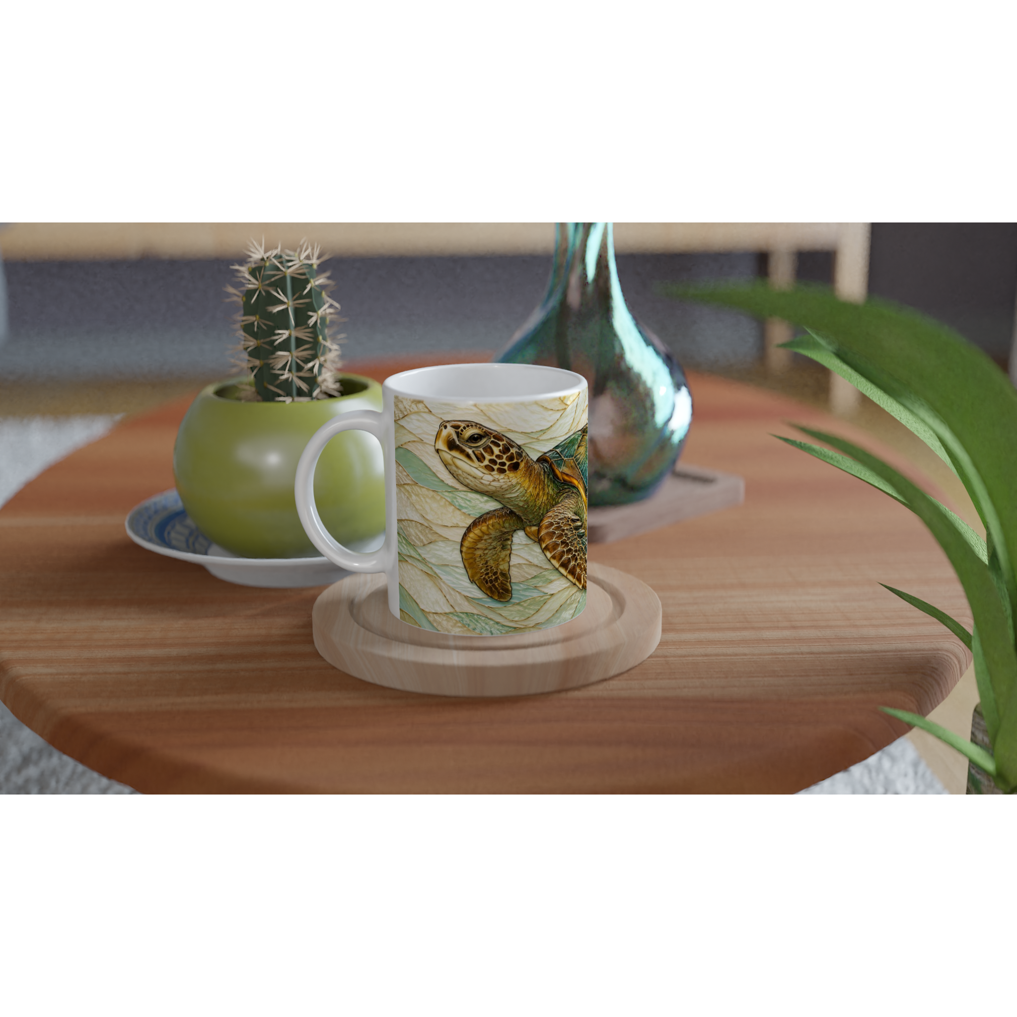 Tasse en céramique blanche 11 oz avec illustration de tortue, anse et bord visibles