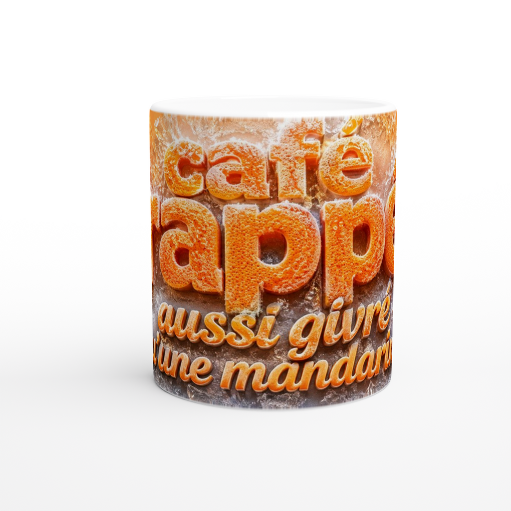 Mug blanc avec gros texte orange sur fond gris, texture givrée façon mandarine
