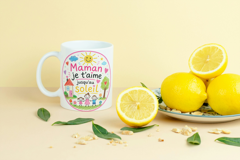 Mug blanc « Maman je t’aime jusqu’au Soleil » près de citrons