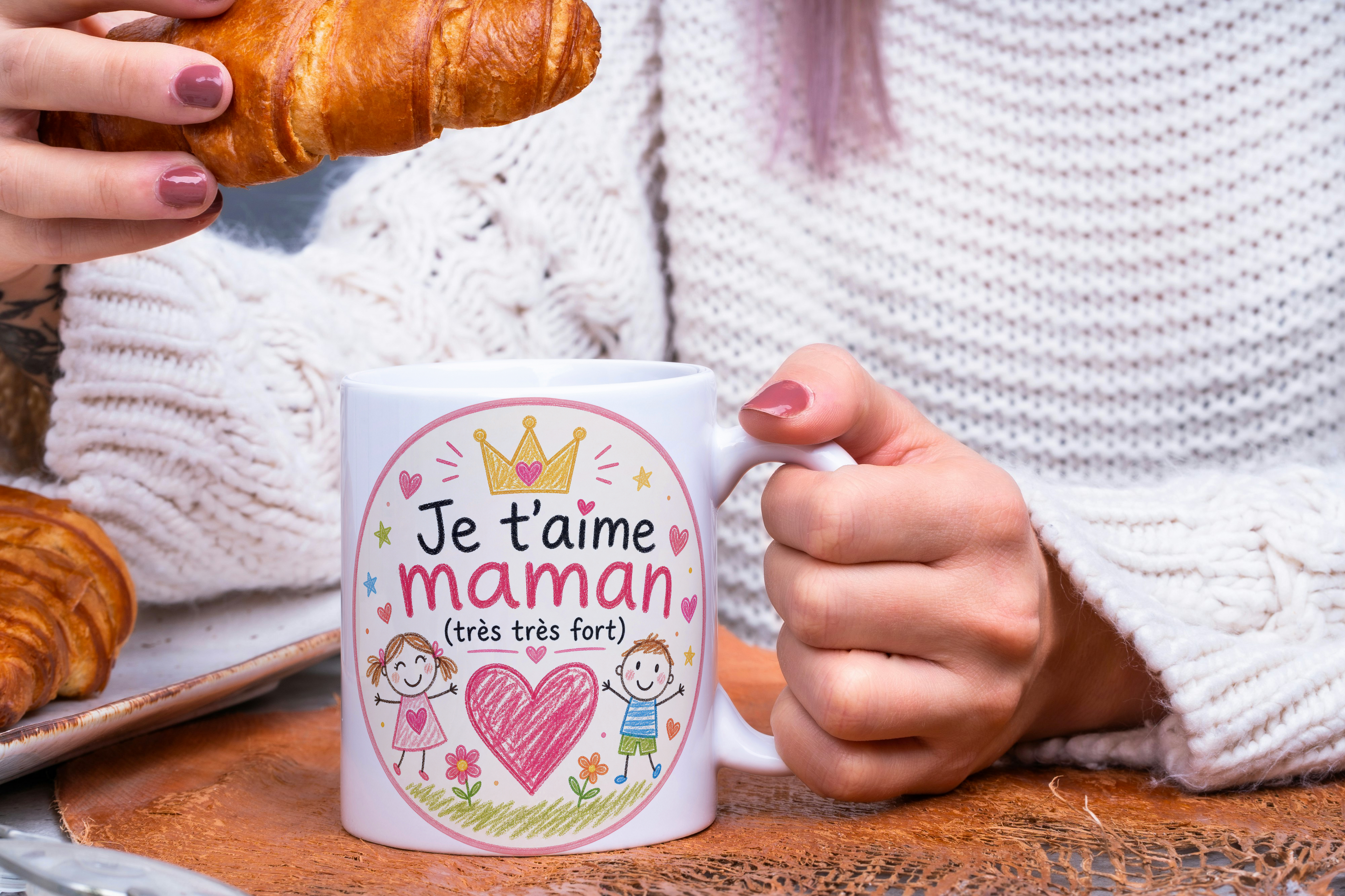 Mug blanc « Je t’aime maman (très très fort) » dans une main, anse visible