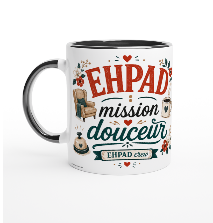Mug blanc à anses noires avec décor « EHPAD mission douceur »