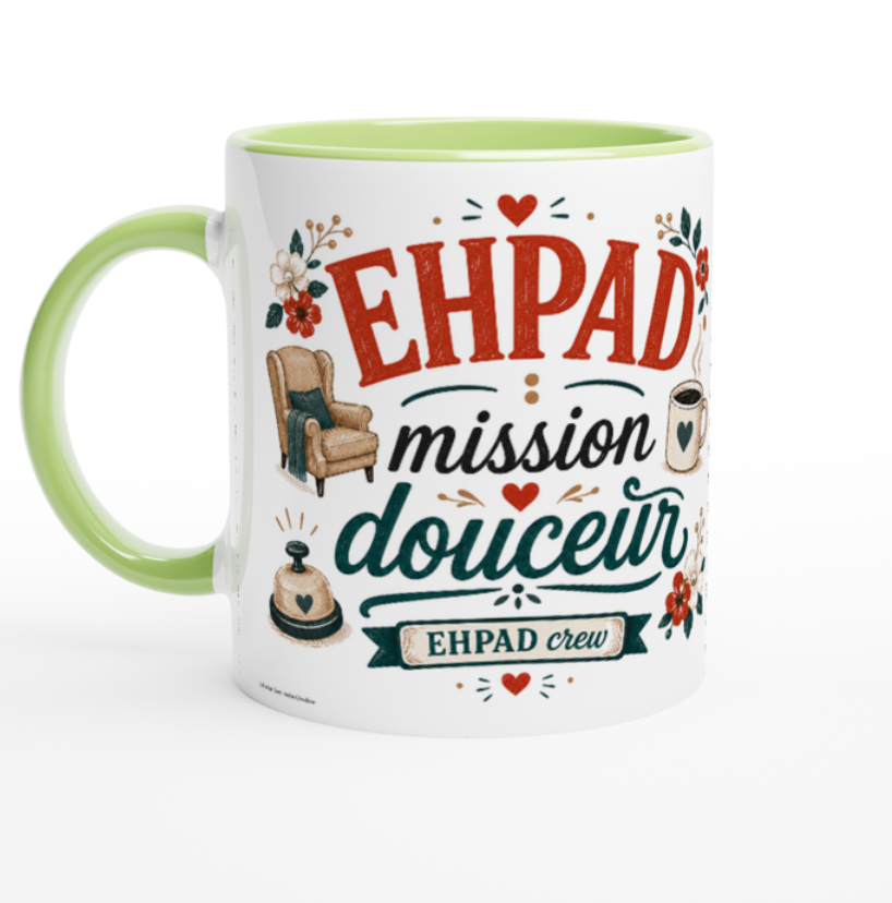 Mug blanc à anses vertes avec décor « EHPAD mission douceur »