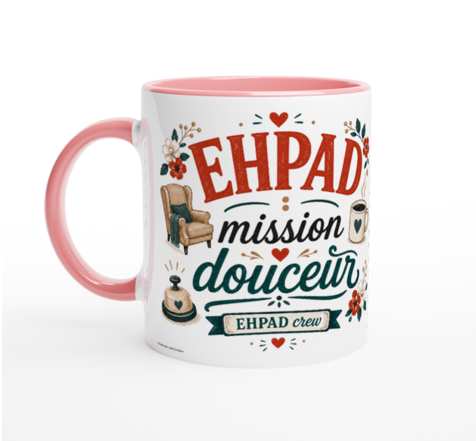 Mug blanc à anses roses avec décor « EHPAD mission douceur »