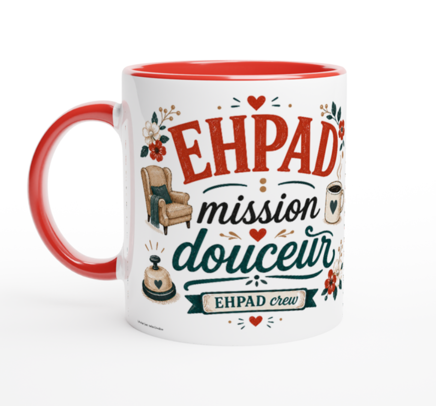 Mug blanc à anses rouges avec décor « EHPAD mission douceur »