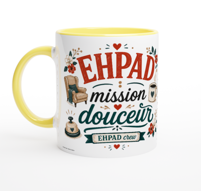 Mug blanc à anse jaune, décor EHPAD « mission douceur » avec illustrations colorées.