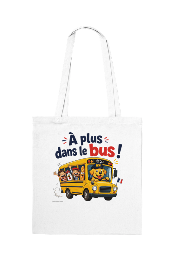 Tote bag blanc avec motif « À plus dans le bus » et bus jaune