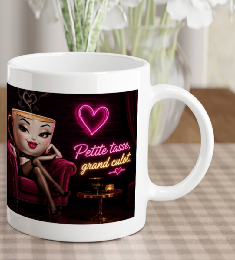 Mug blanc avec illustration de pin-up, cœur néon rose, anse droite visible