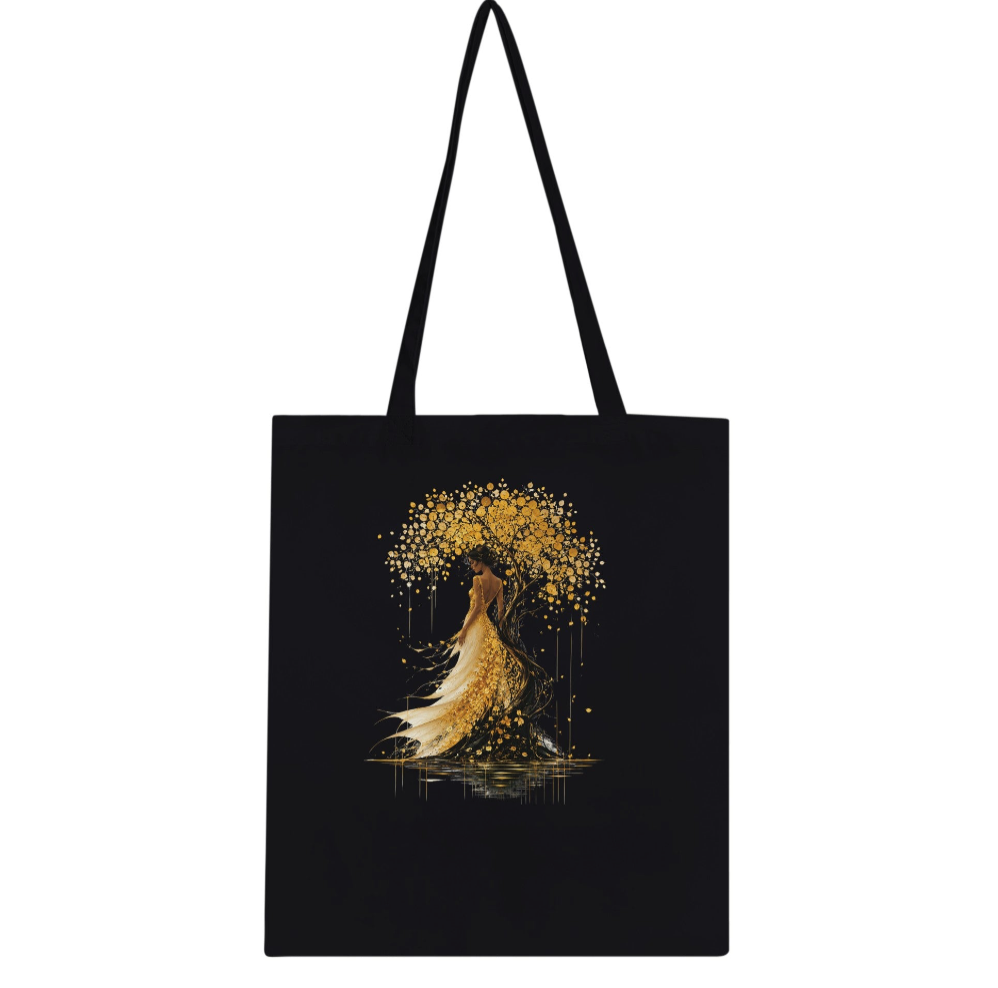 Tote bag noire avec illustration arbre doré et silhouette femme, anses longues