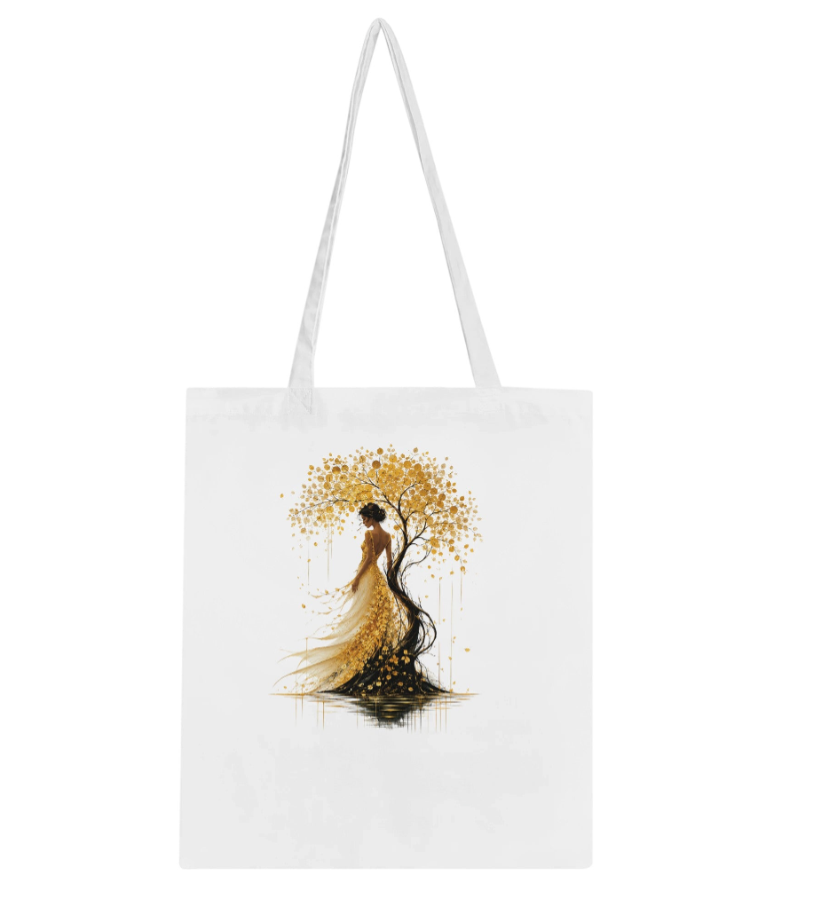 Tote bag blanc avec illustration arbre doré et silhouette femme, anses longues