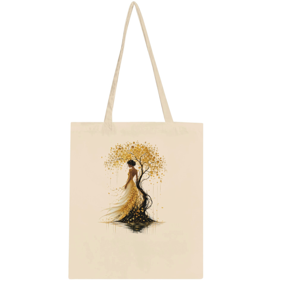 Tote bag beige clair avec illustration arbre doré et silhouette femme, anses longues