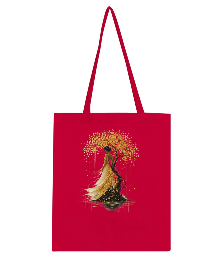 Tote bag rouge avec illustration arbre doré et silhouette femme, anses longues