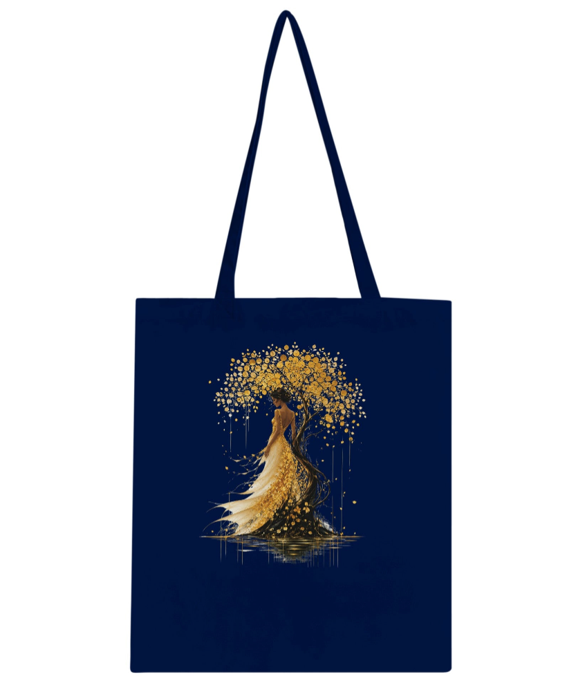 Sac cabas bleu marine avec motif arbre doré et silhouette de robe, anses longues