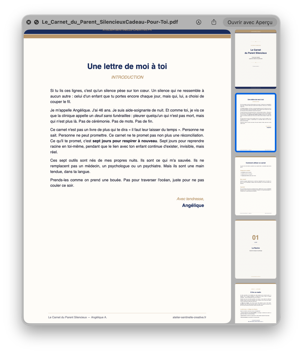 Carnet en format PDF ouvert, page intérieure avec titre et texte.