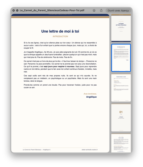 Carnet en format PDF ouvert, page intérieure avec titre et texte.