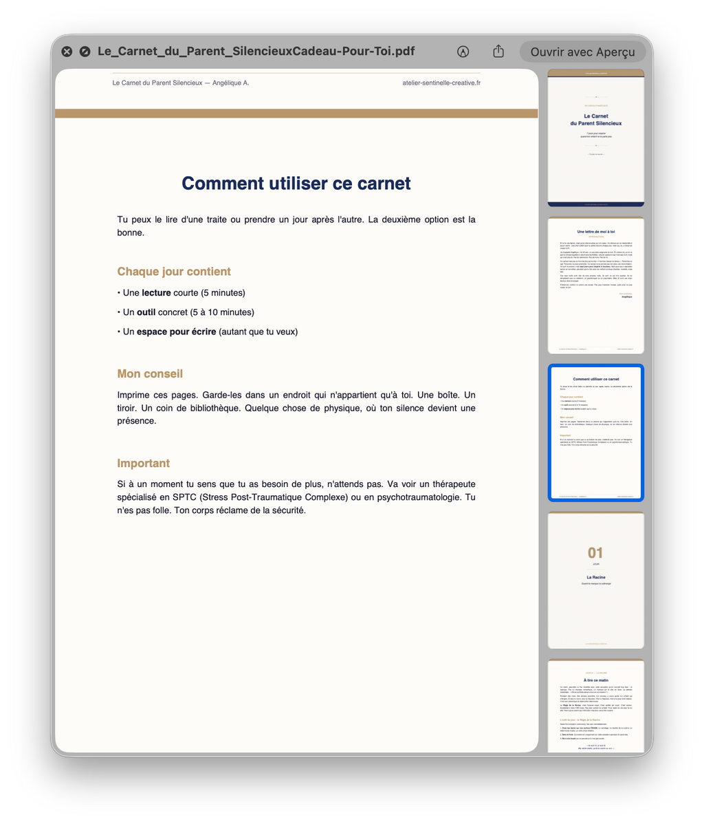 Carnet en format PDF ouvert, page intérieure avec titre et listes numérotées.