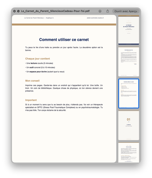 Carnet en format PDF ouvert, page intérieure avec titre et listes numérotées.