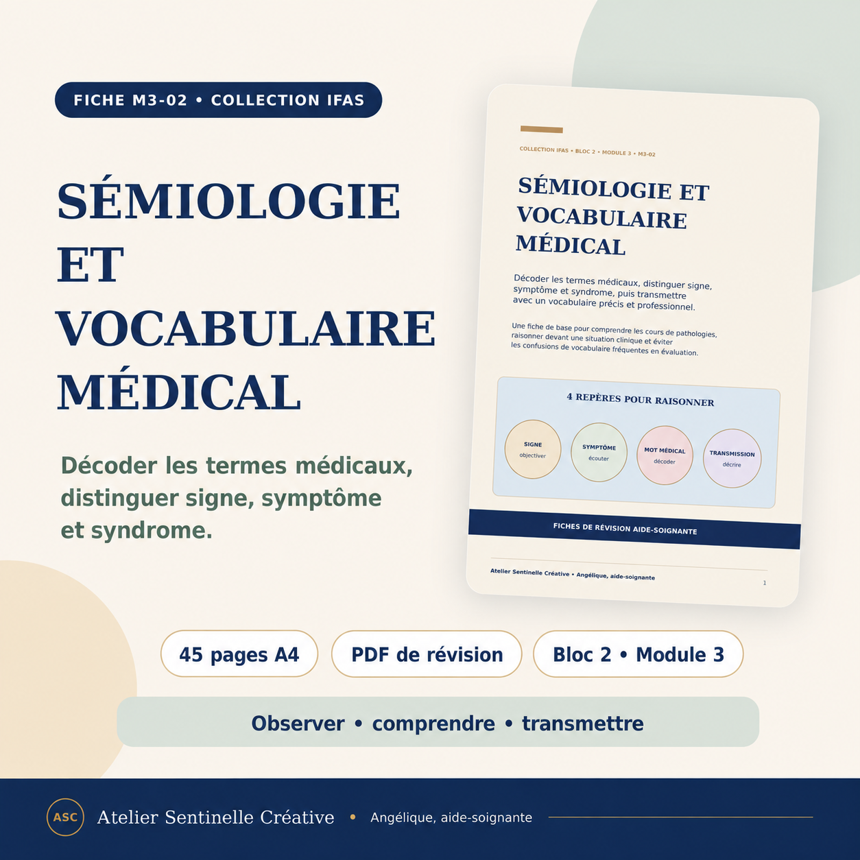 Fiche A4 « Sémiologie et vocabulaire médical », 45 pages, pour signes et symptômes