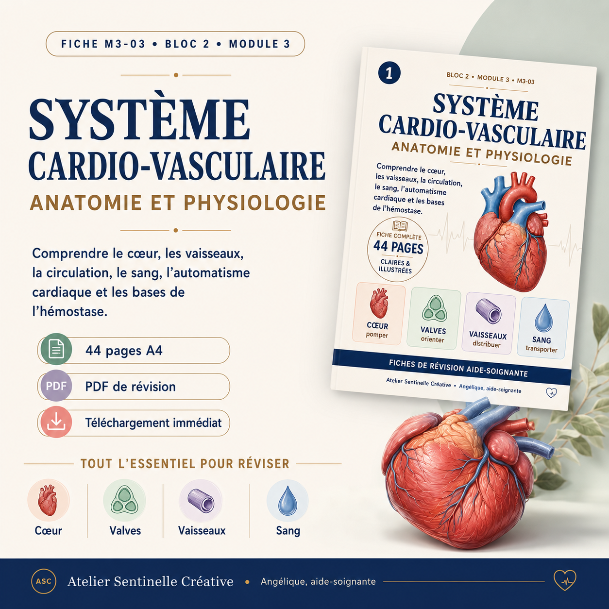 Fiche de révision « Système cardio-vasculaire » avec schéma du cœur sur la couverture