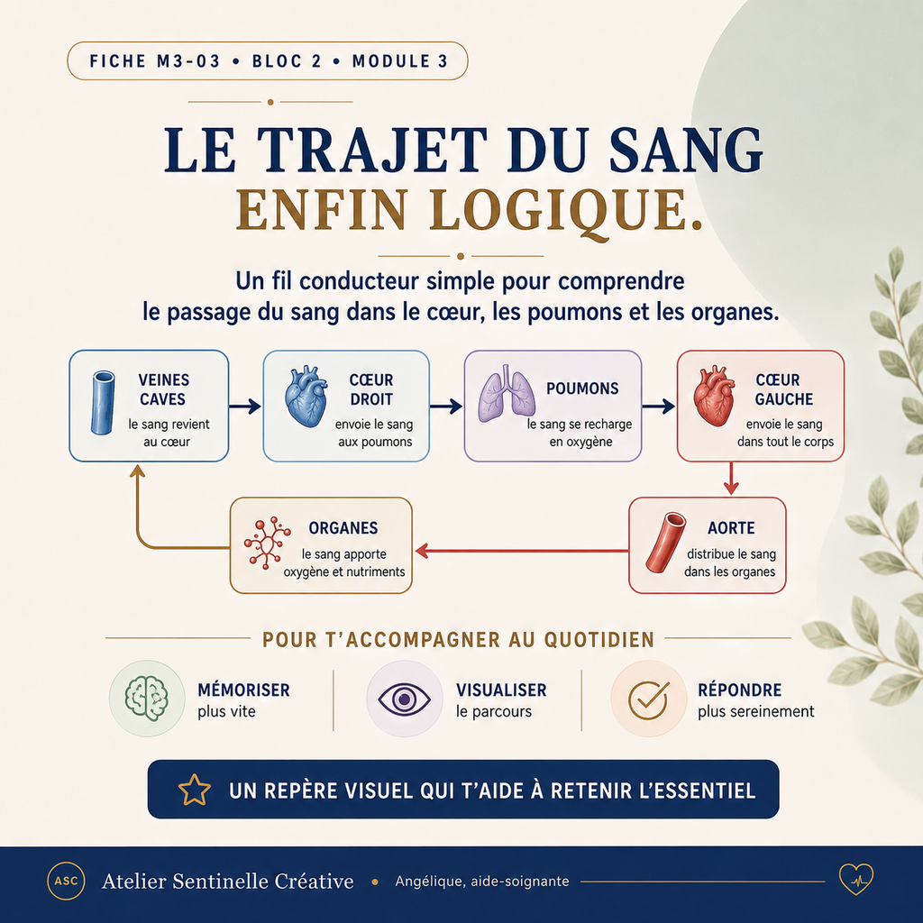 Fiche « Le trajet du sang » avec schéma cœur-poumons-organes et pictogrammes