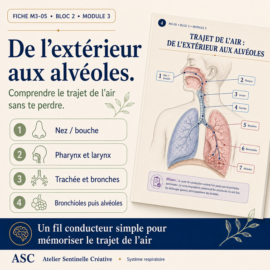 Fiche de révision “De l’extérieur aux alvéoles”, trajet de l’air, étapes numérotées