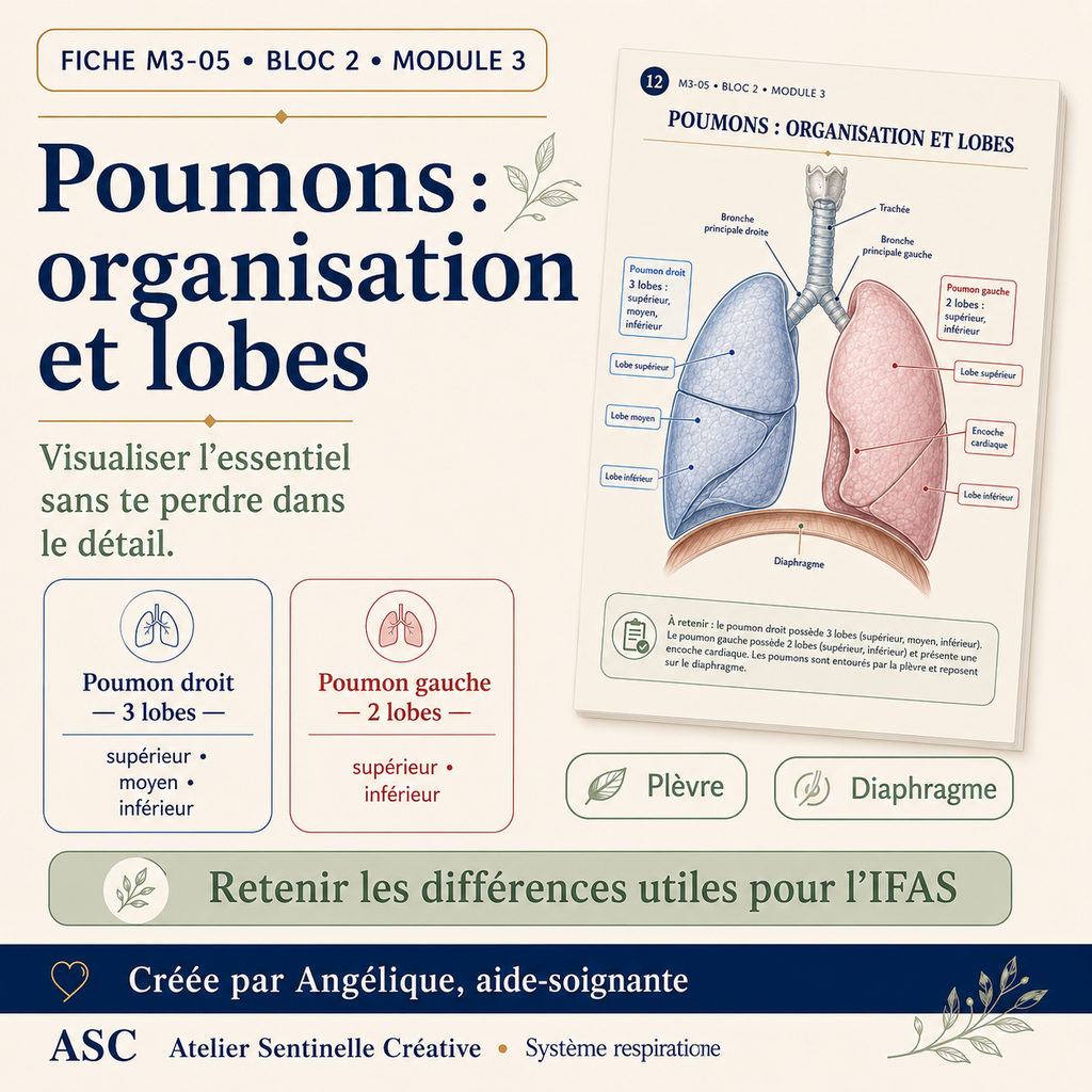 Fiche de révision “Poumons : organisation et lobes”, représentation du poumon droit et gauche