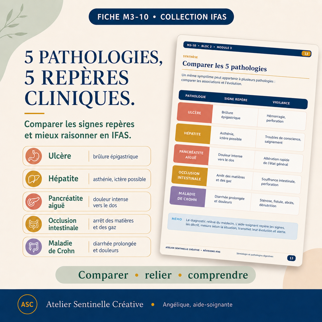 Fiche clinique comparative : ulcère, hépatite, pancréatite, occlusion, maladie de Crohn
