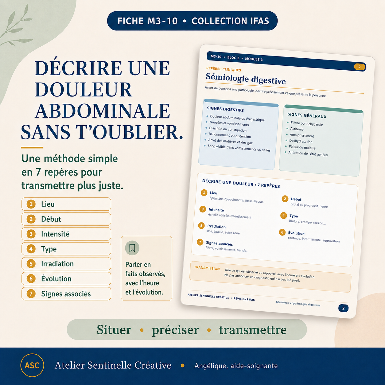 Fiche « Décrire une douleur abdominale » : étapes lieu, début, intensité, type et évolution
