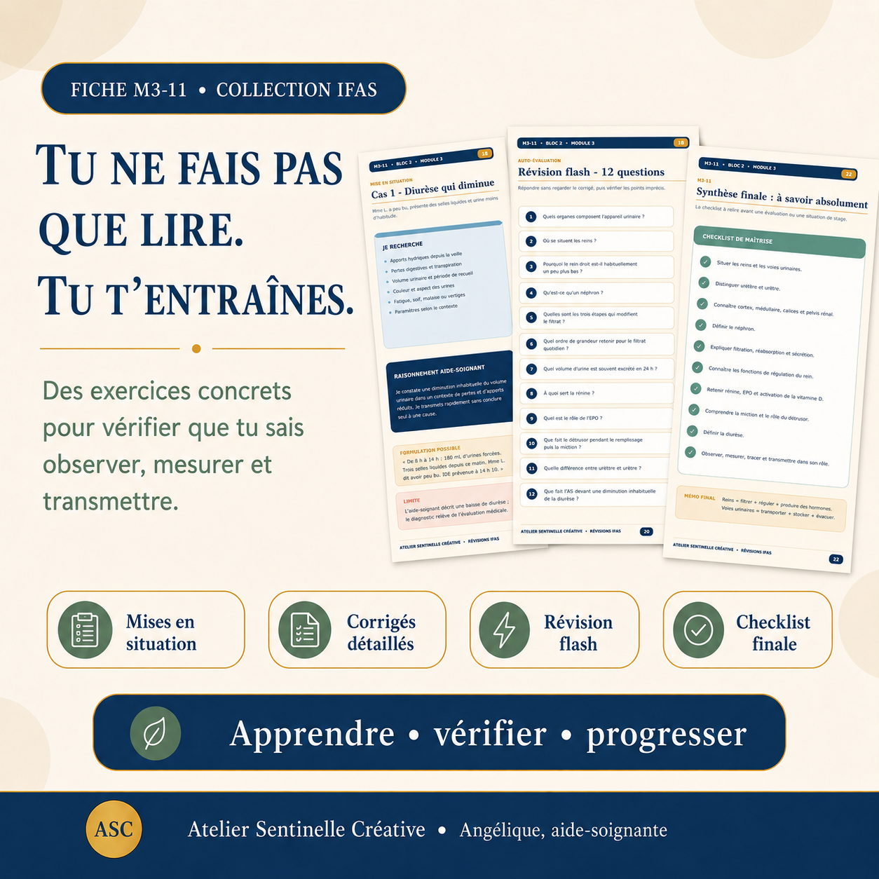 Fiche pédagogique IFAS sur l’appareil urinaire, exercices, corrigés détaillés et checklist finale.