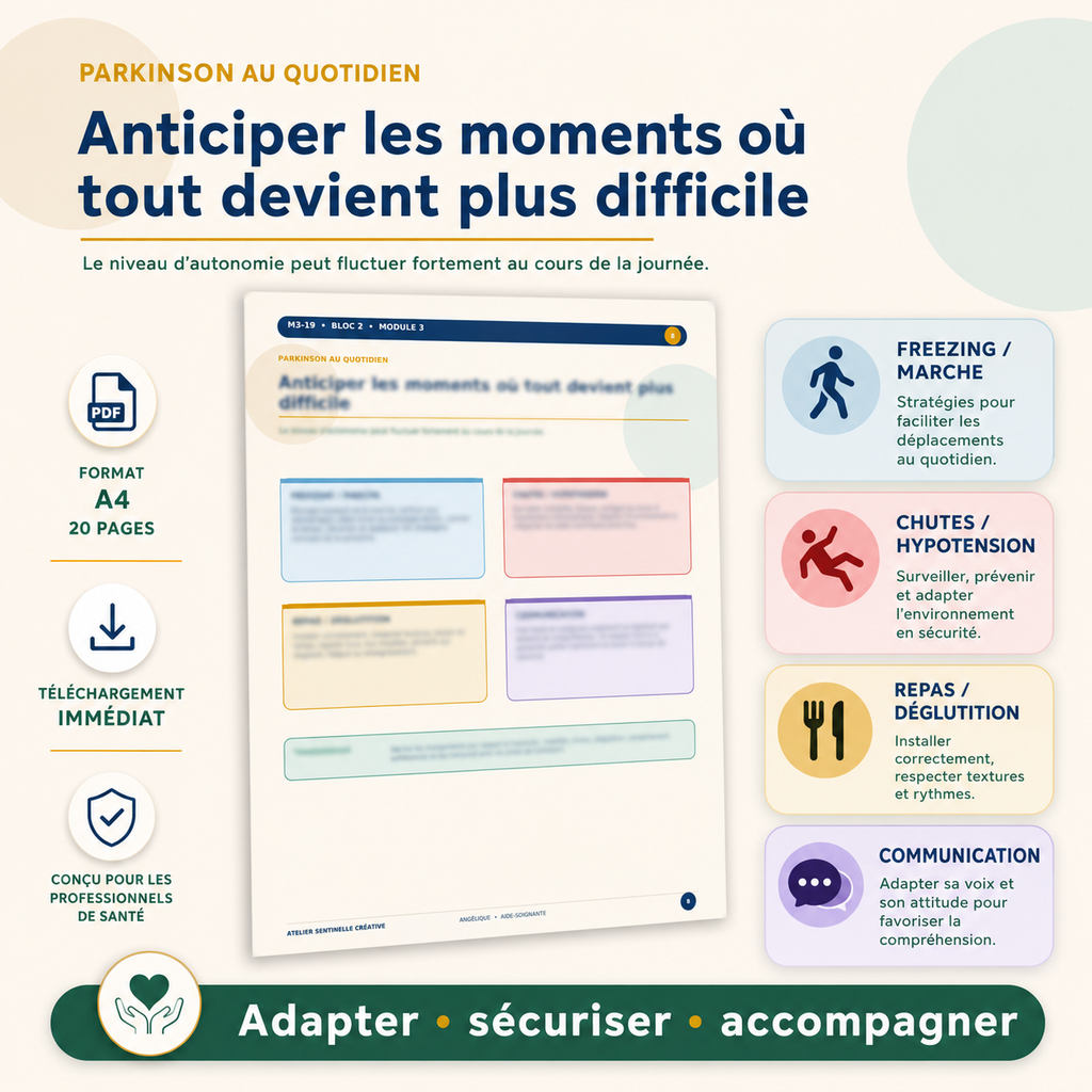 Guide « Parkinson au quotidien » avec consignes, checklist et pictogrammes de risques
