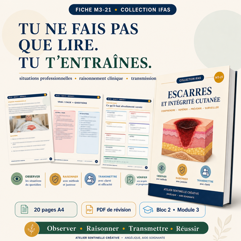 Livret « Escarres et intégrité cutanée » avec étapes illustrées et pages de travail.