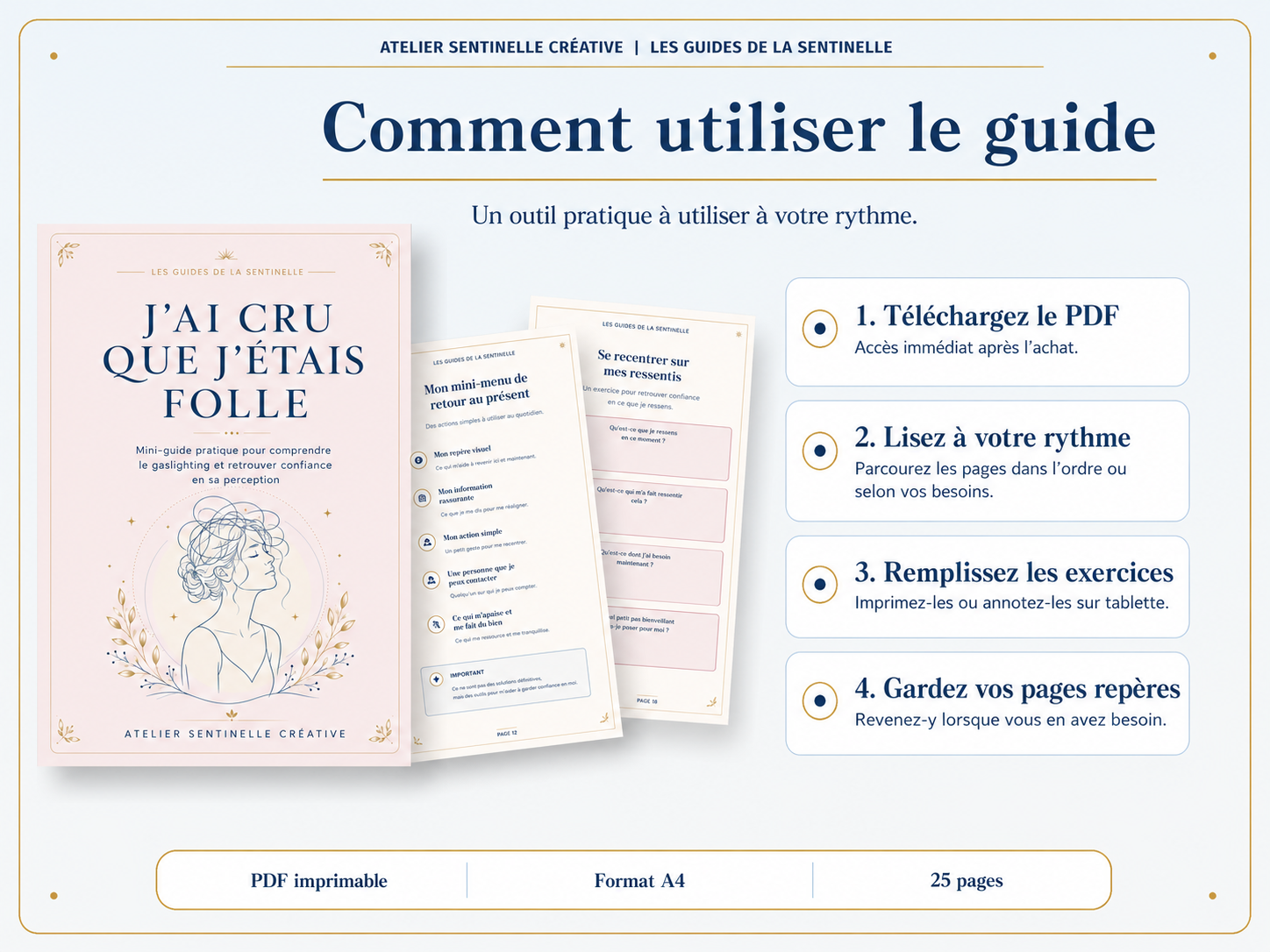 Guide imprimable : couverture rose et tutoriel d’utilisation en quatre étapes