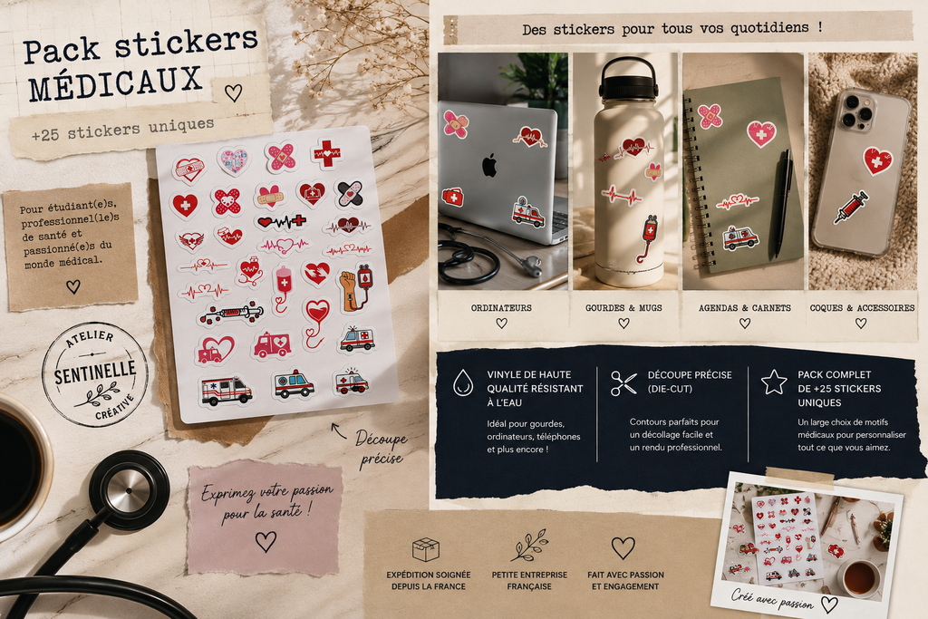 Pack de stickers médicaux vinyle découpés, +25 autocollants pour soignants