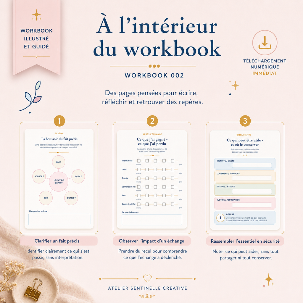 Workbook 002, aperçu intérieur avec trois encadrés d’exercices numérotés 1 à 3