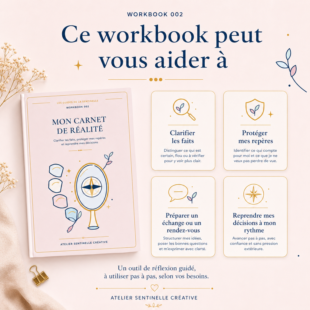 Workbook 002, page d’outils de réflexion « Clarifier les faits » et « Protéger mes repères »