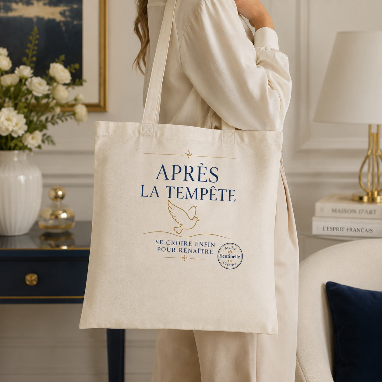 Tote bag en toile naturelle avec imprimé « Après la Tempête » et colombe