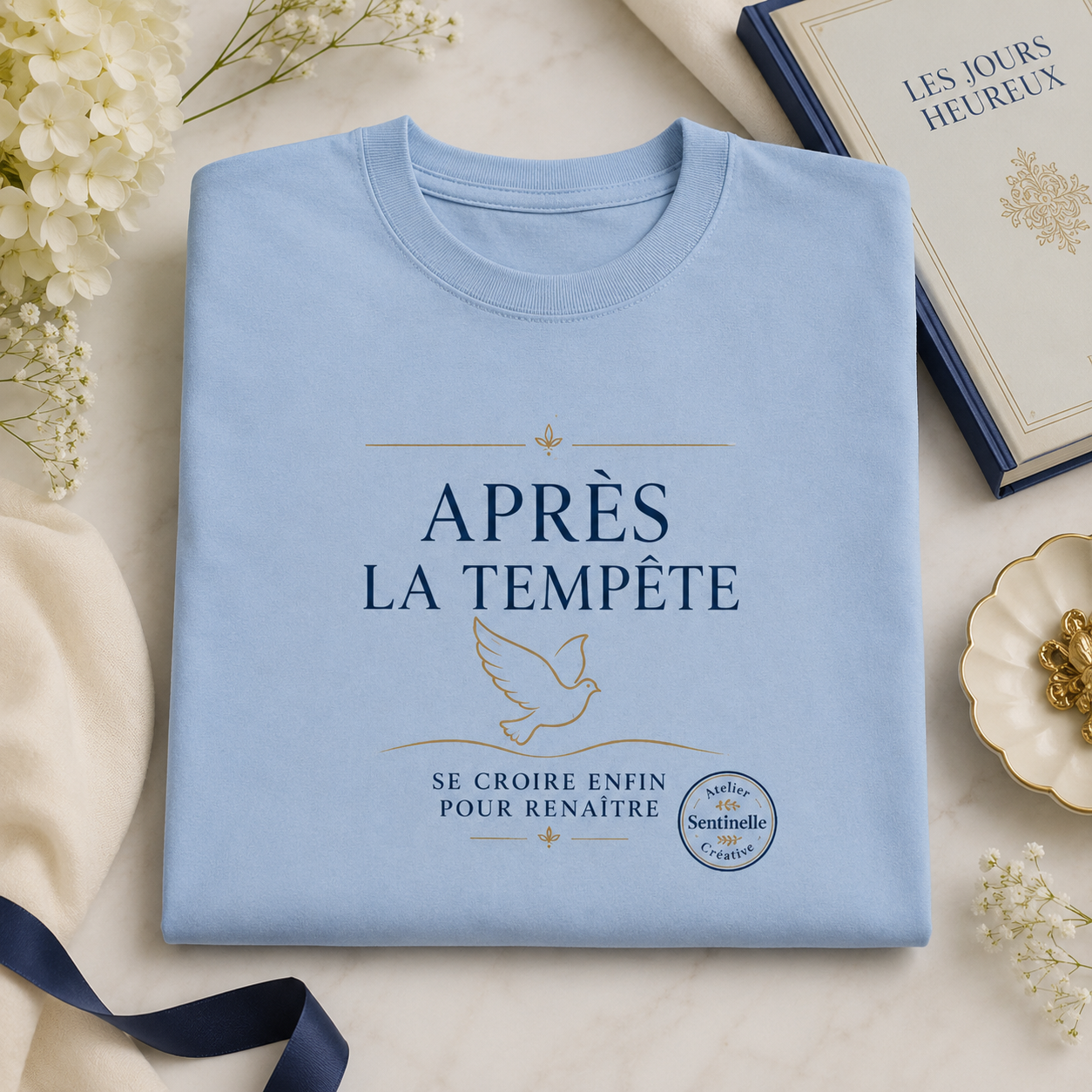 Tee-shirt unisexe bleu clair à plat, imprimé “Après la tempête” au milieu