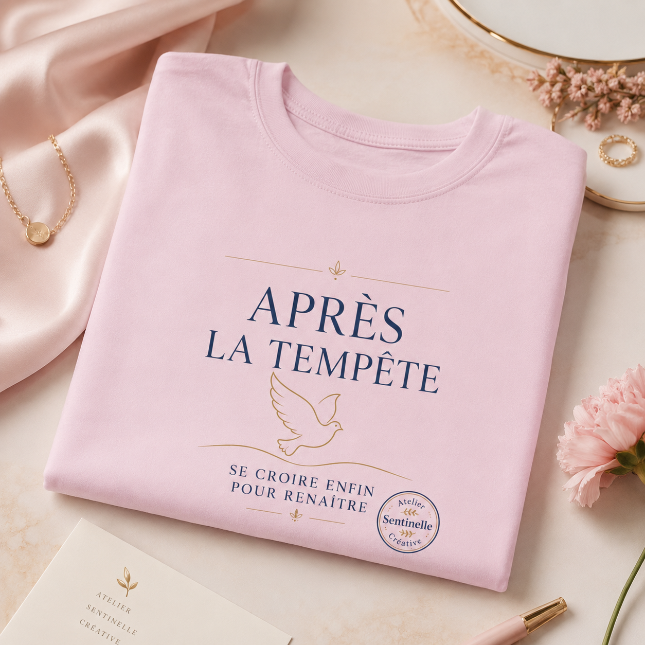 Tee-shirt unisexe rose poudré, imprimé “Après la tempête” et colombe sur le devant
