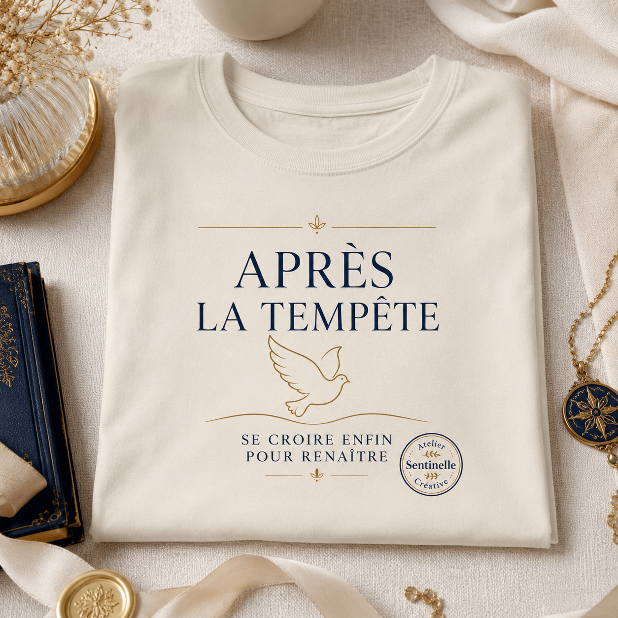 Tee-shirt imprimé unisexe blanc cassé, col rond, texte « Après la Tempête » au centre