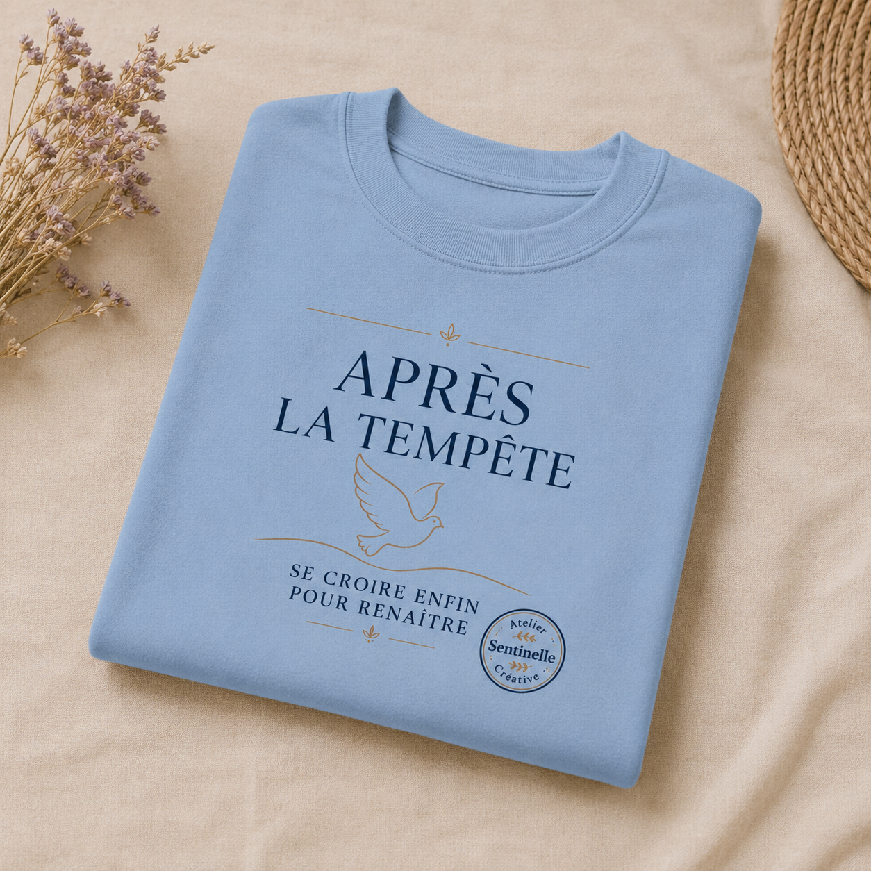 Sweat-shirt unisexe bleu clair plié, impression « Après la tempête » avec oiseau au centre