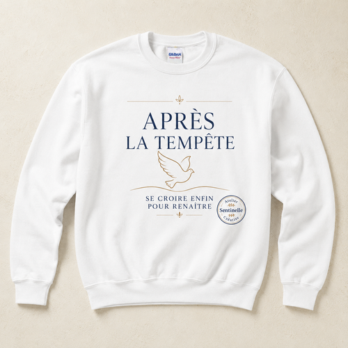 Sweat-shirt unisexe blanc, vue dos, colombe et texte « APRÈS LA TEMPÊTE ».