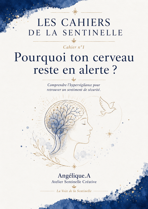 Couverture du Cahier de la Sentinelle n°1 — Pourquoi ton cerveau reste en alerte, illustration aquarelle d'un profil féminin avec cerveau botanique, bleu marine et or