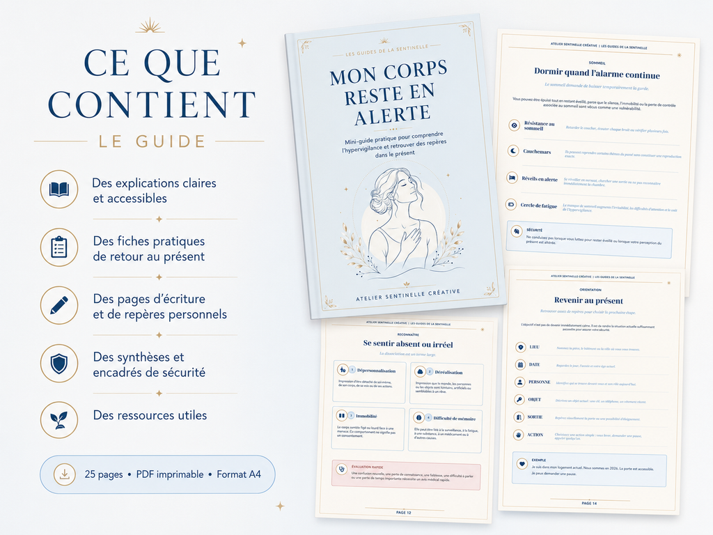 Guide « Mon corps reste en alerte » : page « Ce que contient le guide » avec icônes