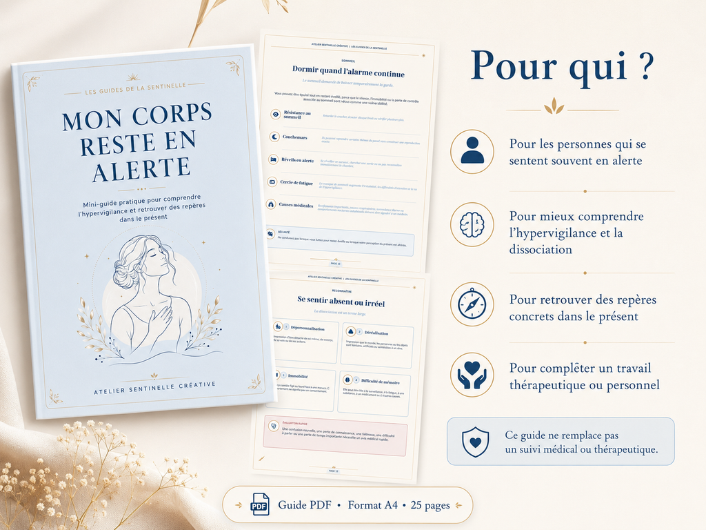 Guide « Mon corps reste en alerte » ouvert, sections imprimées dont « Pour qui ? »