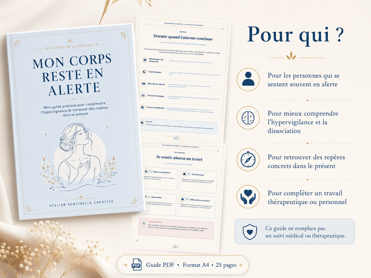 Guide « Mon corps reste en alerte » ouvert, sections imprimées dont « Pour qui ? »
