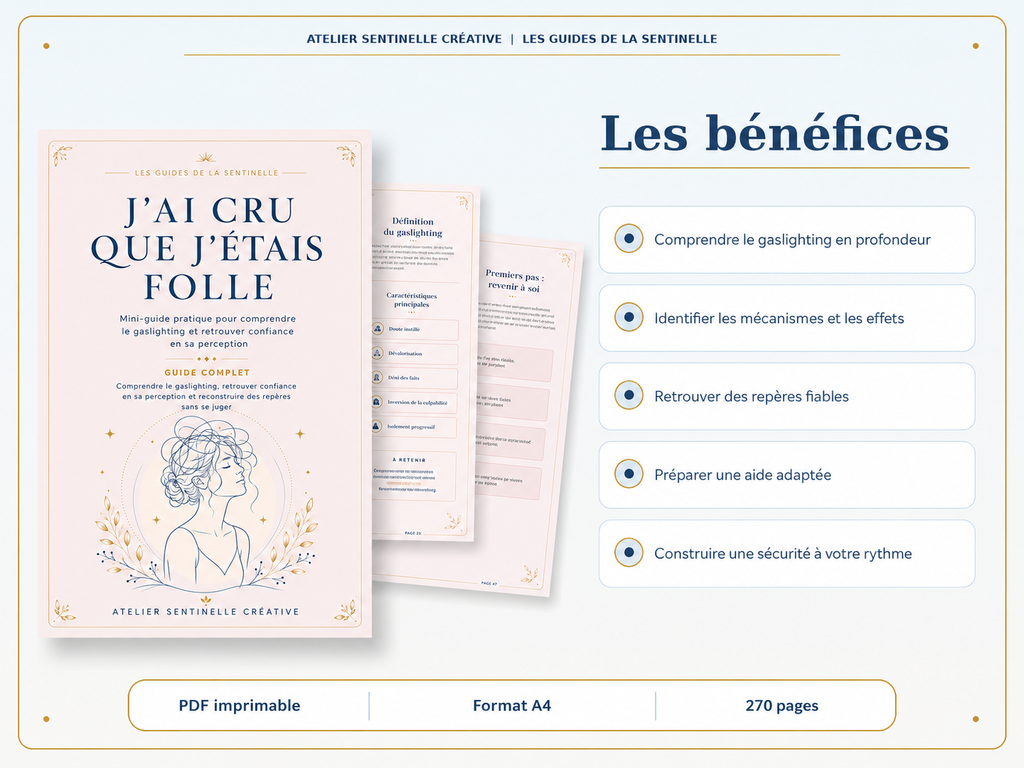 Guide d’atelier PDF imprimable A4 avec couverture rose et pages intérieures, section bénéfices.