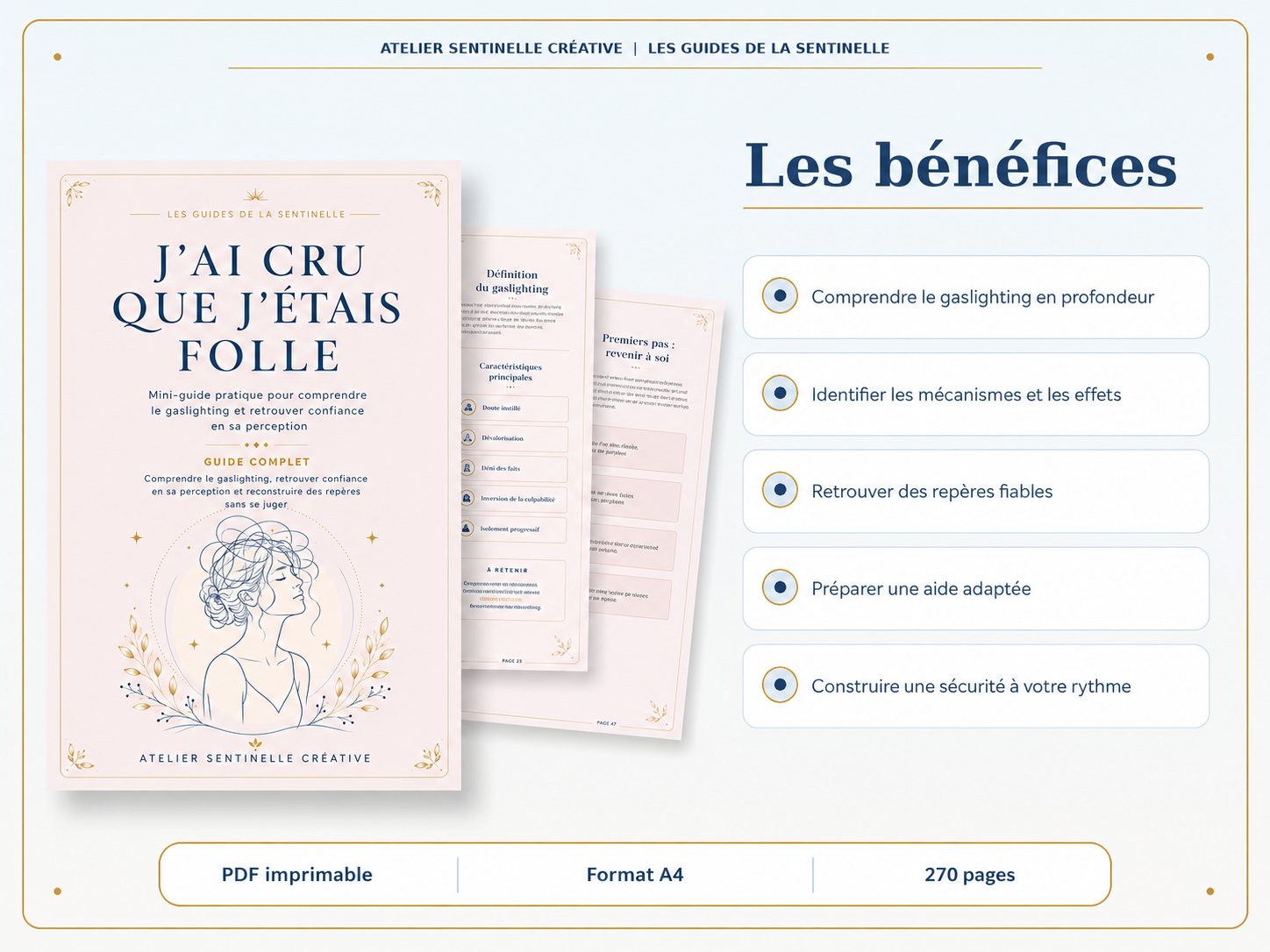 Guide d’atelier PDF imprimable A4 avec couverture rose et pages intérieures, section bénéfices.