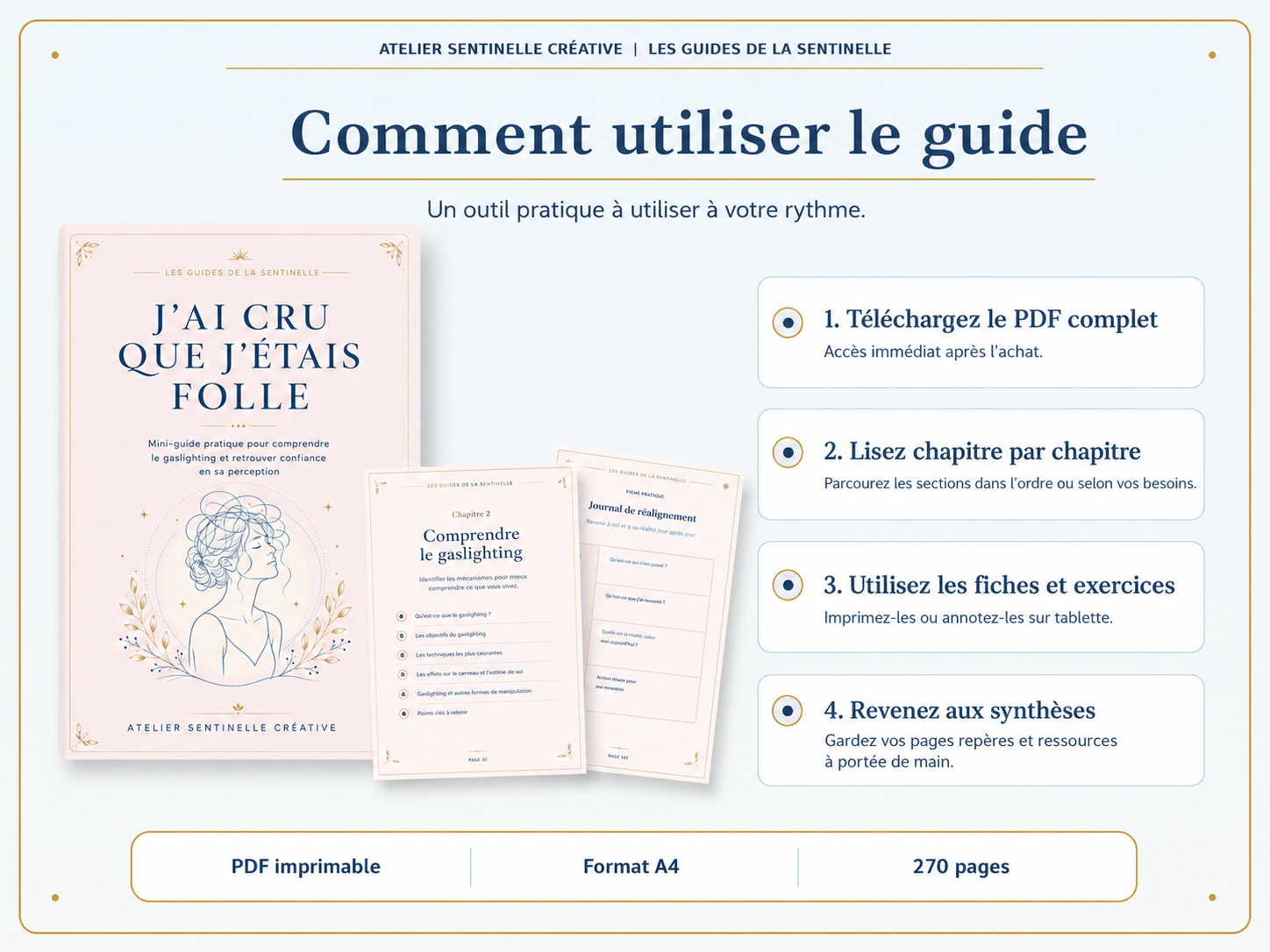 Guide d’atelier A4 avec mode d’emploi, étapes de téléchargement et pages intérieures.