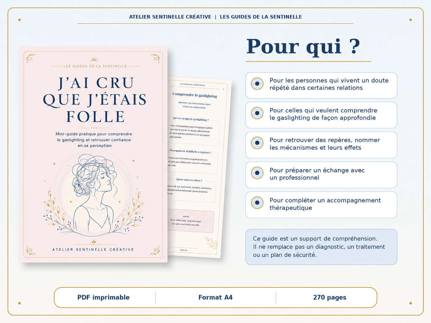 Guide d’atelier avec couverture rose et section «Pour qui ?», choix et explications.