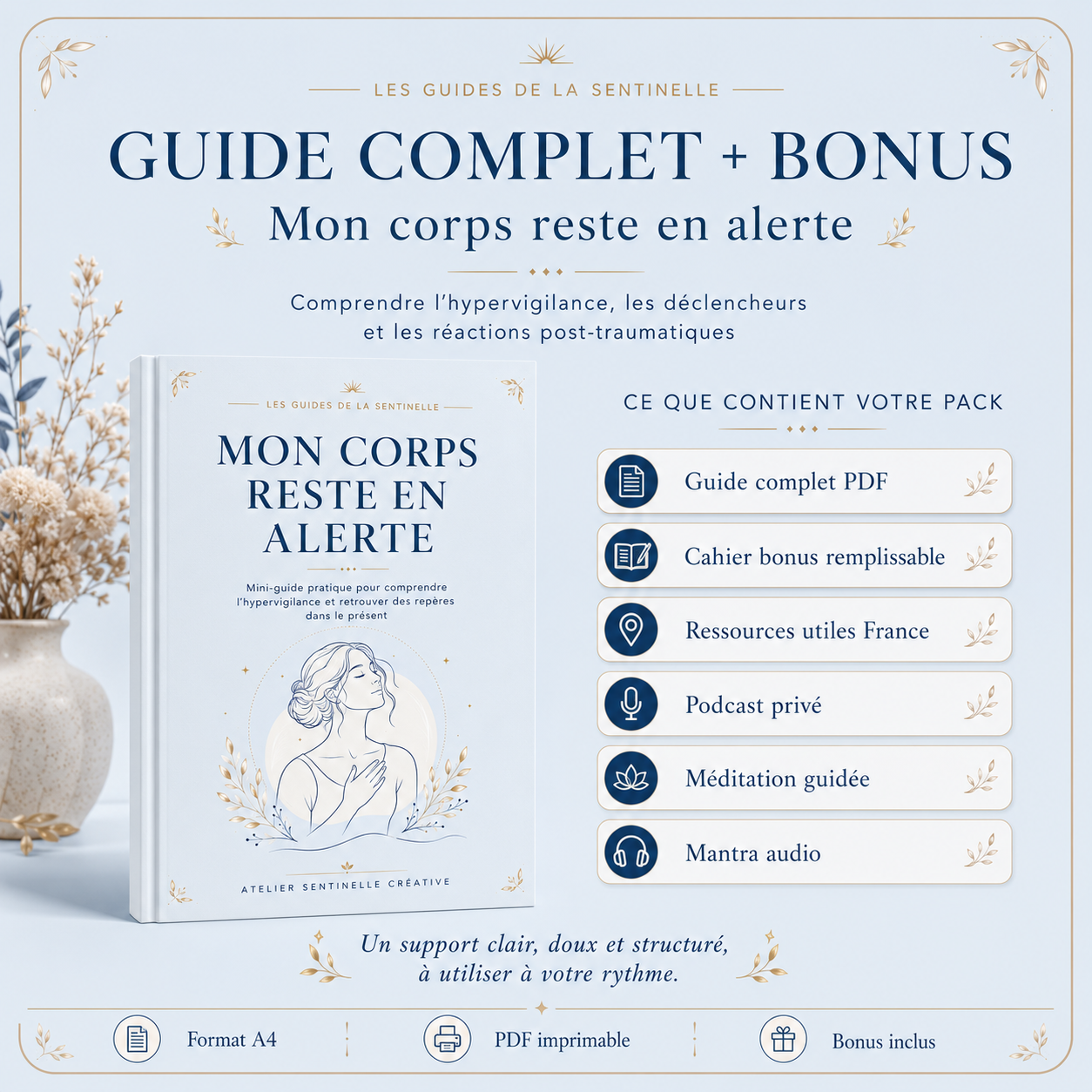 Pack Guide complet + Bonus d’hypervigilance, couverture A4 et contenus numériques indiqués.