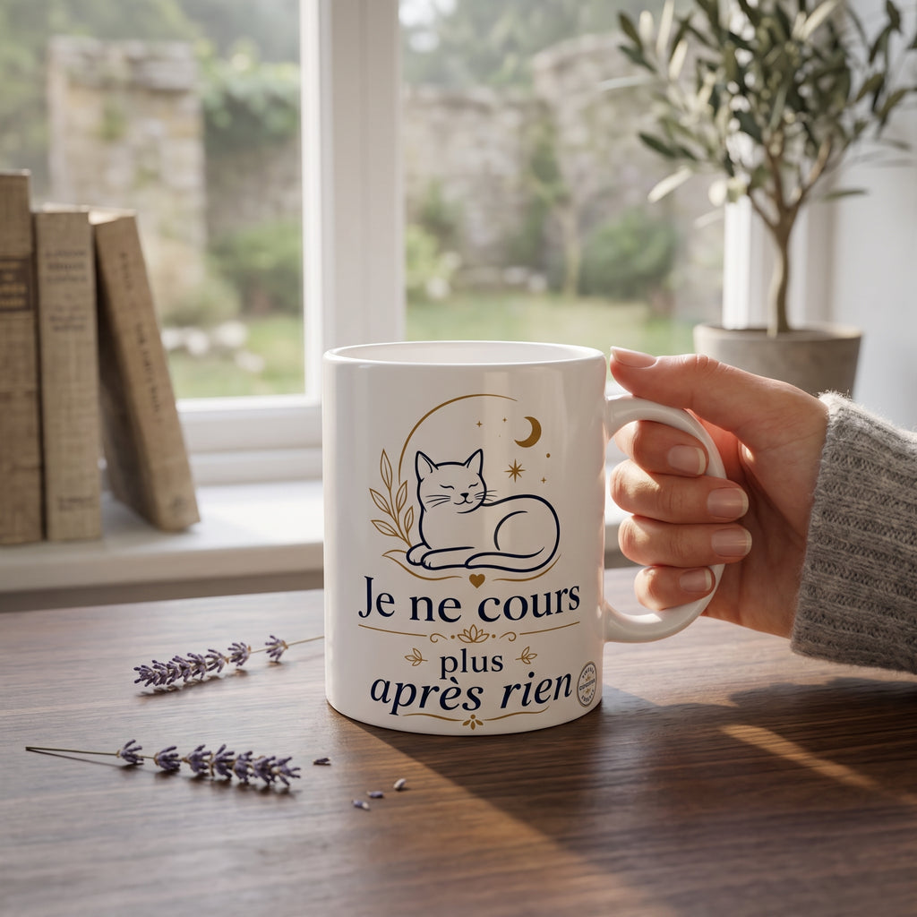 Tasse en céramique blanche avec anse, chat et inscription « Je ne cours plus après rien »